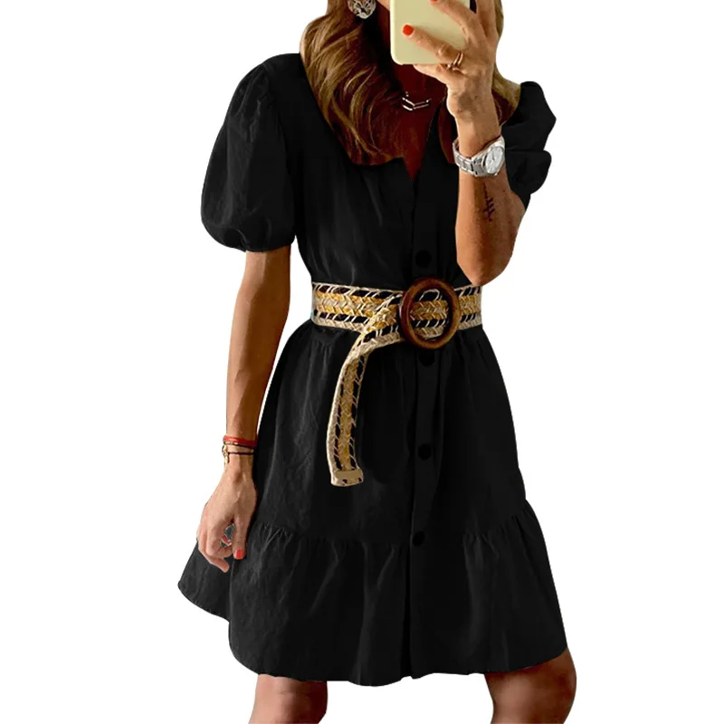 Women's Casual V Neck Mini Dress Puff Sleeve Solid Color A-Line Ruffles Short Dresses Holiday Female Vestidos Summer Newest 2021
Women's Casual V Neck Mini Dress Puff Sleeve Solid Color A-Line Ruffles Short Dresses Holiday Female Vestidos Summer Newest 2021