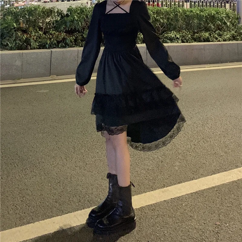 2021 New Gothic Women Dress Cross Square Collar Lolita Irregular Dress Kawaii Cute Princess Lace Ruffles Black Fairy Party Dress
2021 New Gothic Women Dress Cross Square Collar Lolita Irregular Dress Kawaii Cute Princess Lace Ruffles Black Fairy Party Dress