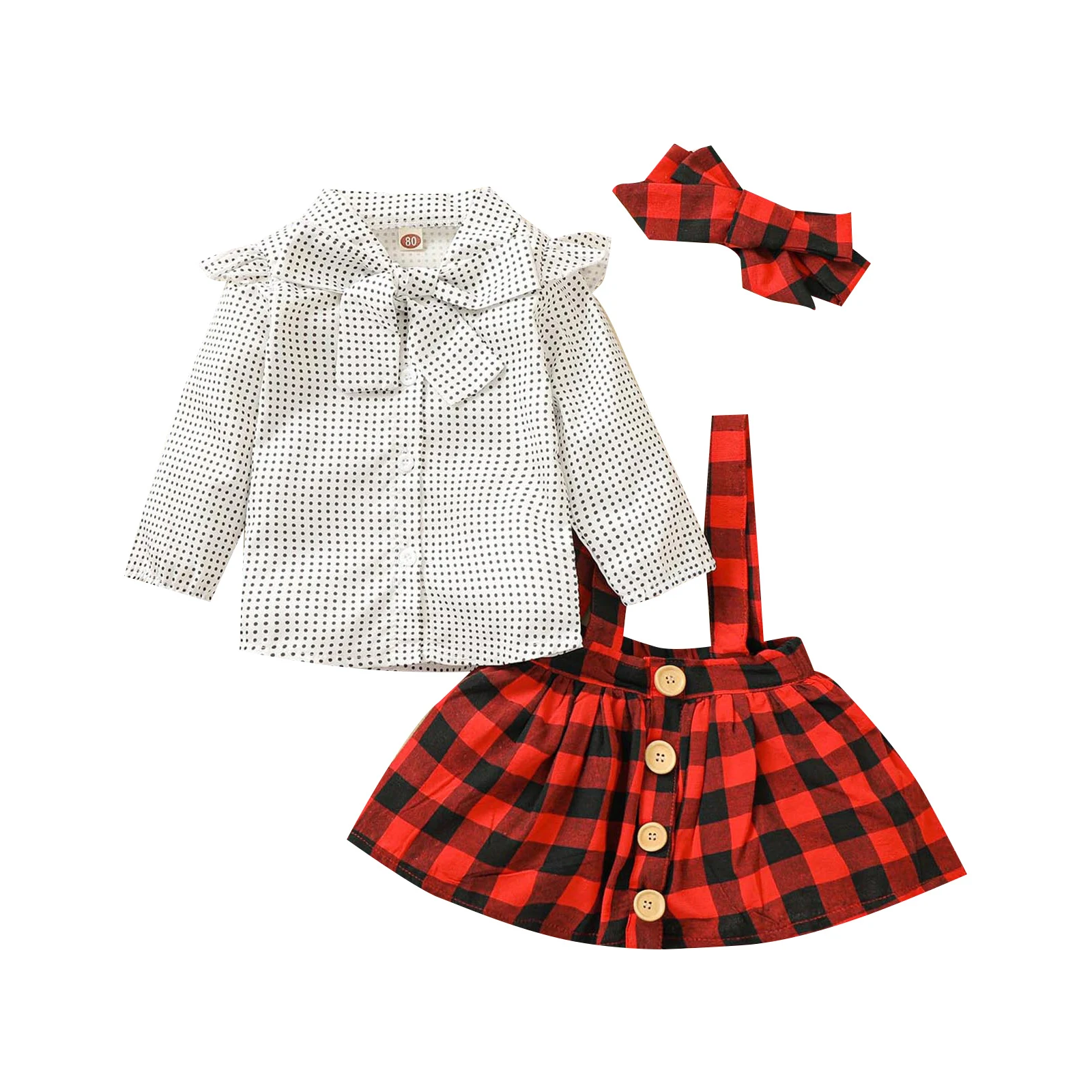 2021 Baby Girls Three-piece Clothes Set, Long Sleeve Blouse and Plaid Printed Pattern Suspender Skirt and Headdress
2021 Baby Girls Three-piece Clothes Set, Long Sleeve Blouse and Plaid Printed Pattern Suspender Skirt and Headdress