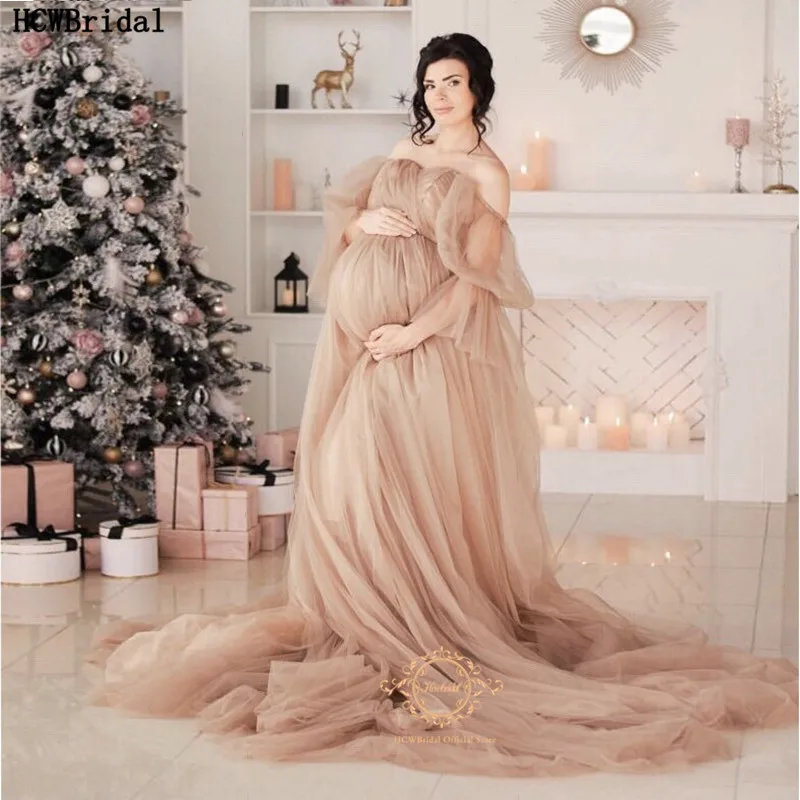 

Plus Size Pregnant Women Evening Dress Champagne Off The Shoulder Long Sleeves Corset Long Formal Dresses Mother And Daughter