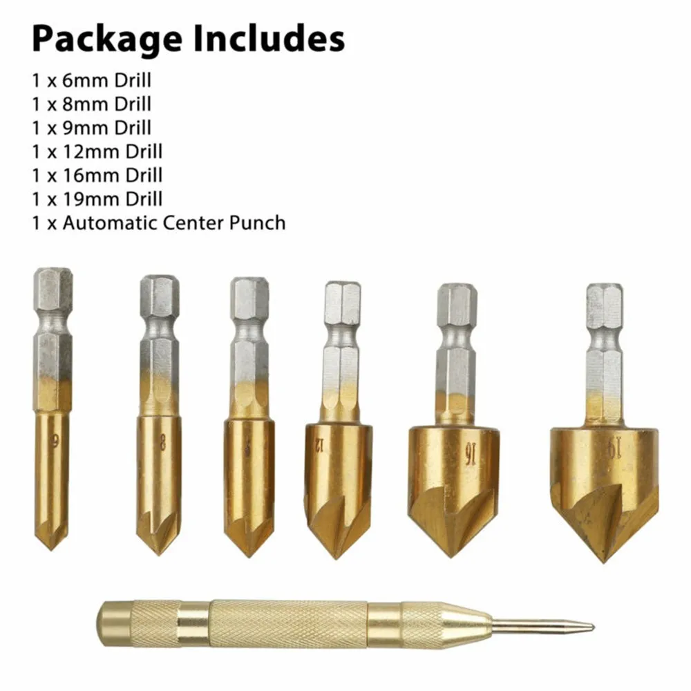 Hex Shank Countersink Drill Bit 6-19mm Titanium Coated 5 Flute Hole Drill Tool Drill Bits With Center Punch
Hex Shank Countersink Drill Bit 6-19mm Titanium Coated 5 Flute Hole Drill Tool Drill Bits With Center Punch