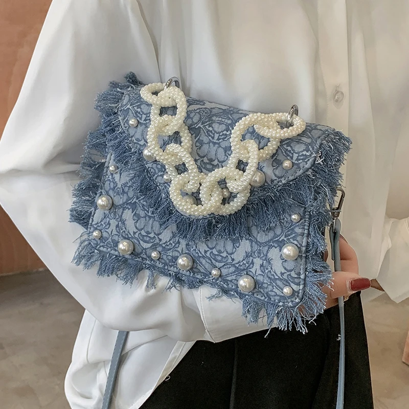 Small Denim Designer Crossbody Bags for Women 2021 New Jeans Flap Shoulder Bags Fashion Square Messenger Bag Pearl Tote Handbags
Small Denim Designer Crossbody Bags for Women 2021 New Jeans Flap Shoulder Bags Fashion Square Messenger Bag Pearl Tote Handbags