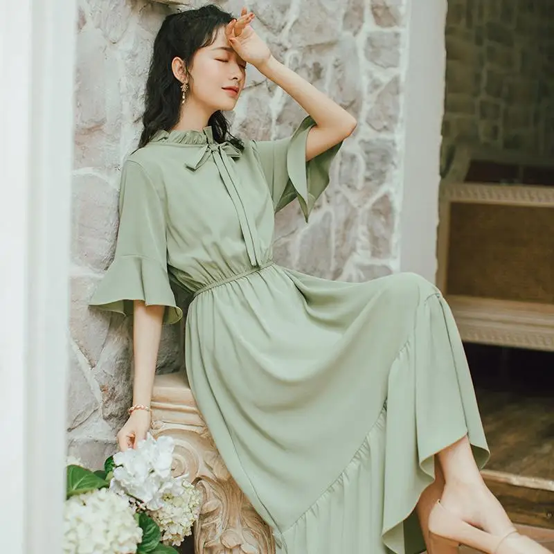 Summer Vestido Femininity Long Dresses Slim Elegant Bowknot Ruffle Collar High Waist Flare Sleeve Spring Autumn Pure Fairy Dress
Summer Vestido Femininity Long Dresses Slim Elegant Bowknot Ruffle Collar High Waist Flare Sleeve Spring Autumn Pure Fairy Dress