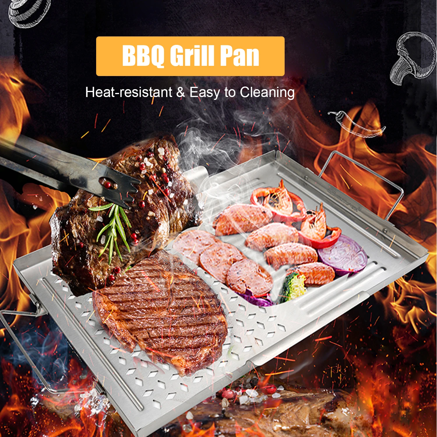 BBQ Grill Pan Non-stick Stainless Steel Barbecue Trays Portable Camping Grill with Handle BBQ Tools Wooden Spatula 
BBQ Grill Pan Non-stick Stainless Steel Barbecue Trays Portable Camping Grill with Handle BBQ Tools Wooden Spatula