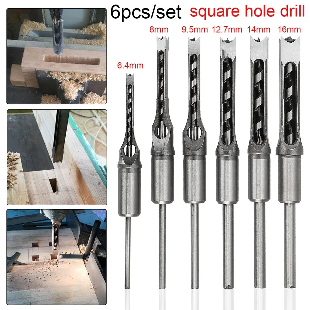 

6pcs HSS Square Hole Saws Auger Drill Bit Set Mortise Chisel Woodworking Tools Twist Drill Bits Square Auger Mortising Chisel Dr