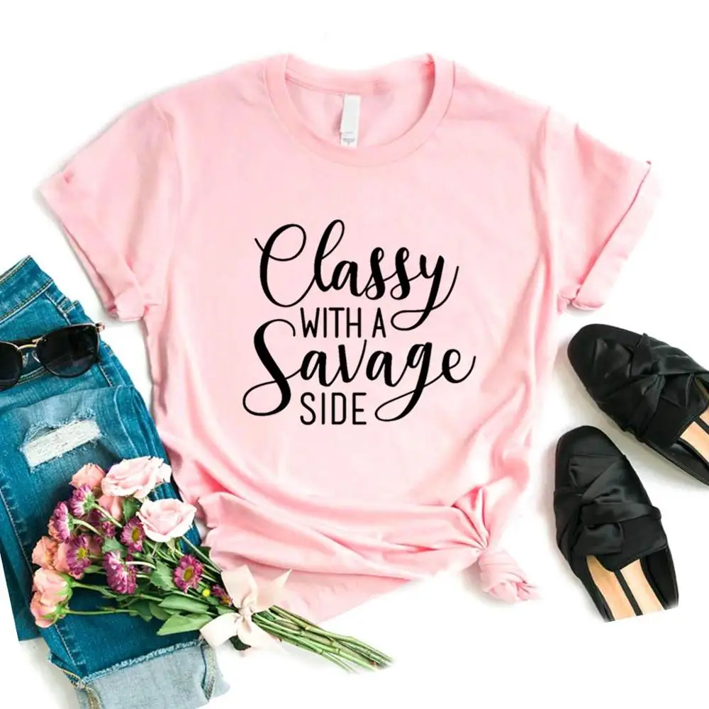 Classy with a Savage Side Print Women tshirt Cotton Hipster Funny t-shirt Gift Lady Yong Girl 6 Color Top Tee ZY-633
Classy with a Savage Side Print Women tshirt Cotton Hipster Funny t-shirt Gift Lady Yong Girl 6 Color Top Tee ZY-633