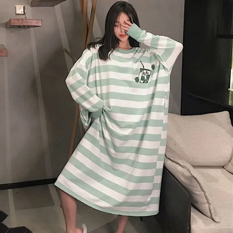 Women Casual Sleepwear Cotton Round Neck Long Sleeve Nightdress Lingerie Stripes Print Home Clothing
Women Casual Sleepwear Cotton Round Neck Long Sleeve Nightdress Lingerie Stripes Print Home Clothing