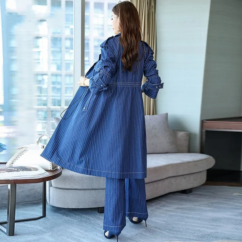 Fashion Womens Office Denim Suit European Style Lace Up Striped Denim Long Coats Loose Straight Leg Pants Two Pieces Set Blue
Fashion Womens Office Denim Suit European Style Lace Up Striped Denim Long Coats Loose Straight Leg Pants Two Pieces Set Blue