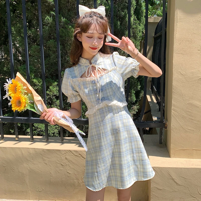Sweet Lovely Puff Sleeve Wooden Ear Waist Hugging Slim Dress Vigorous Girl's Plaid Lace First Love Dress Summer lolita dress
Sweet Lovely Puff Sleeve Wooden Ear Waist Hugging Slim Dress Vigorous Girl's Plaid Lace First Love Dress Summer lolita dress