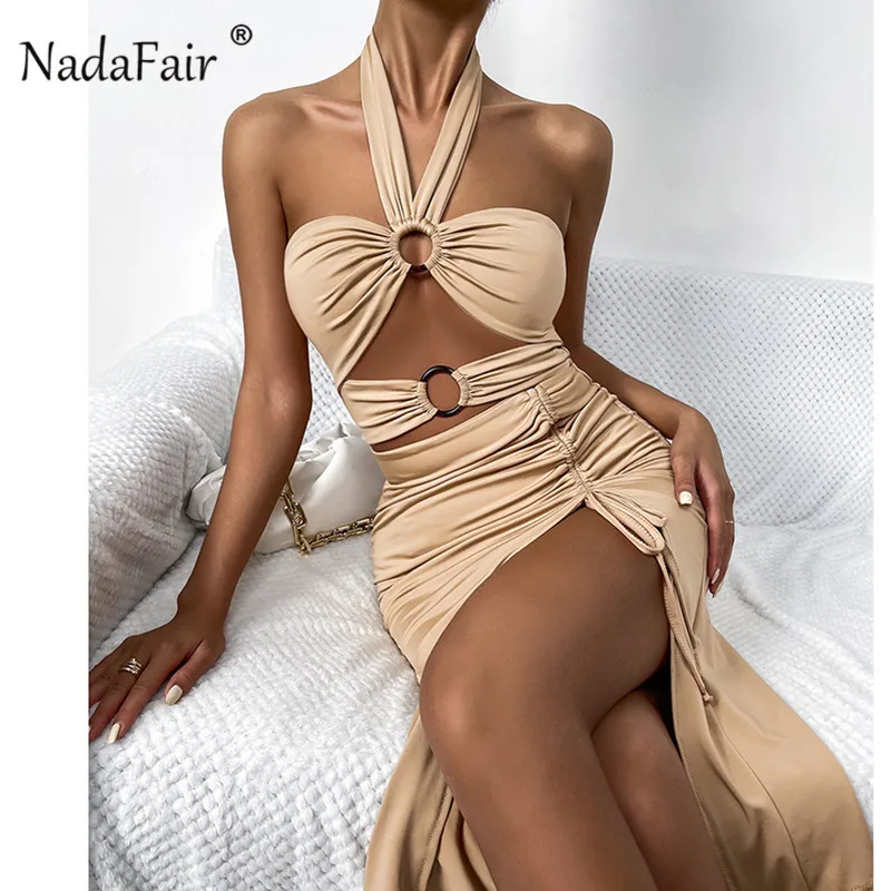 

Nadafair, без бретелек, с лямкой на шее, Бандажное, миди, летнее, сексуальное платье для женщин, Клубная одежда, 2021, с открытыми плечами, с вырезами...