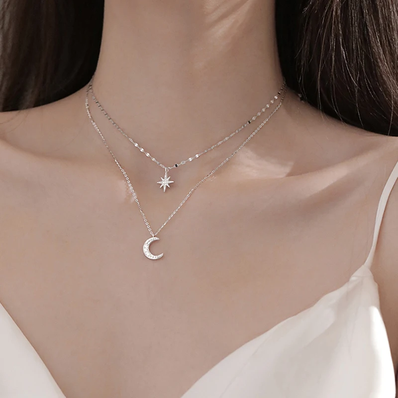 925 Sterling Silver Double Chain Zircon Star Choker Moon Pendant Exquisite Necklace Wedding Gift For Women Fine Jewelry NK094
925 Sterling Silver Double Chain Zircon Star Choker Moon Pendant Exquisite Necklace Wedding Gift For Women Fine Jewelry NK094