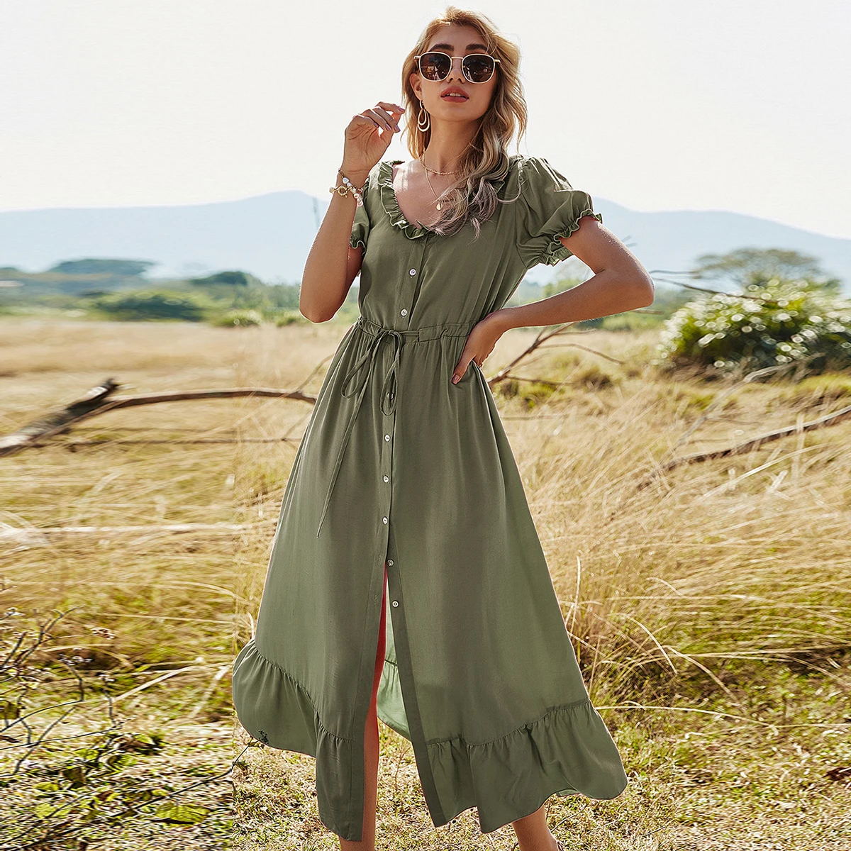 Jastie Summer Women's Dress Solid Round Neck Puff Sleeve Single-Breasted Ruffled Maxi Dresses Bohemian Beach Prom Dress 2022
Jastie Summer Women's Dress Solid Round Neck Puff Sleeve Single-Breasted Ruffled Maxi Dresses Bohemian Beach Prom Dress 2022