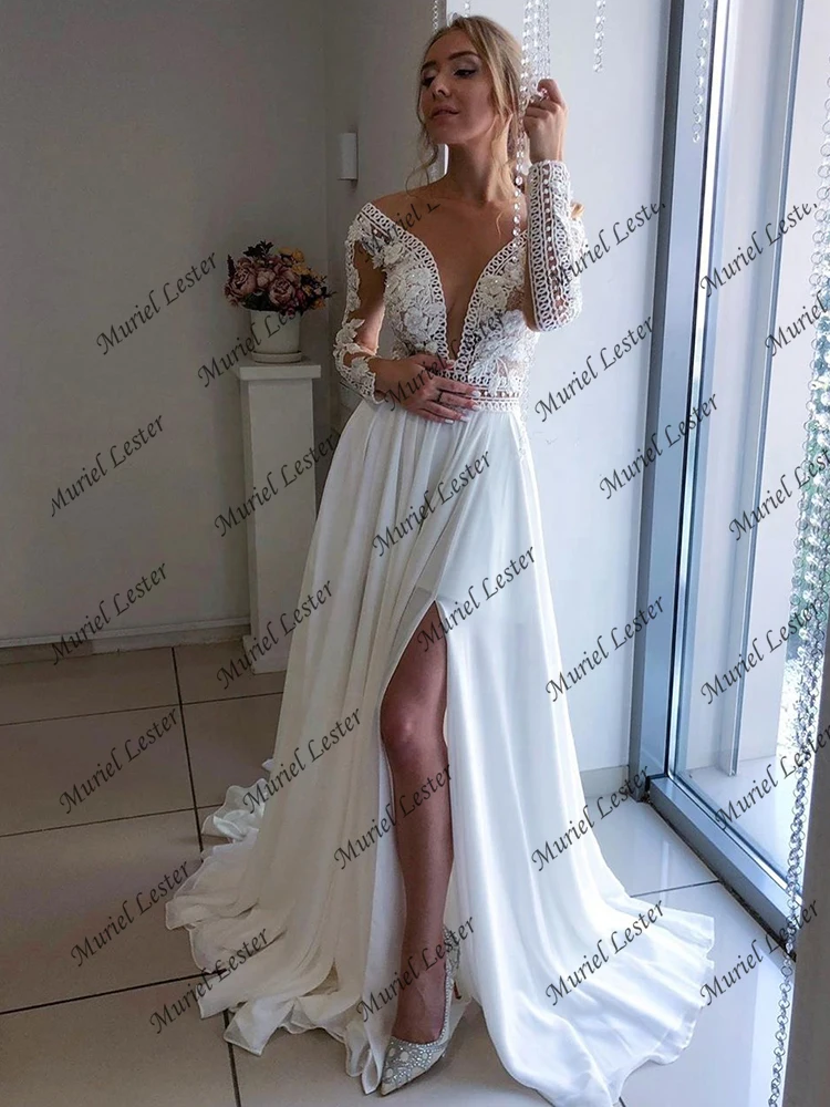 Vintage Long Sleeves Beach Wedding Dress Sexy V Neck Open Back Bridal Gowns Chiffon High Split Skirt Wedding Dresses Custom Made
Vintage Long Sleeves Beach Wedding Dress Sexy V Neck Open Back Bridal Gowns Chiffon High Split Skirt Wedding Dresses Custom Made