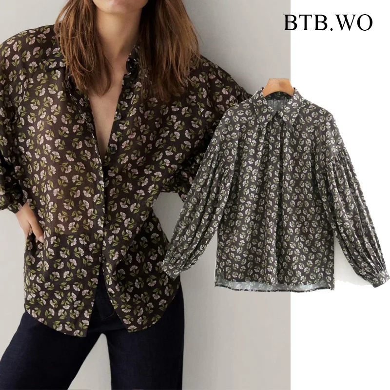 Женская блузка с принтом BTB.WO Za, винтажная рубашка с длинными рукавами-фонариками и оборками, на пуговицах, 2021 
Женская блузка с принтом BTB.WO Za, винтажная рубашка с длинными рукавами-фонариками и оборками, на пуговицах, 2021
