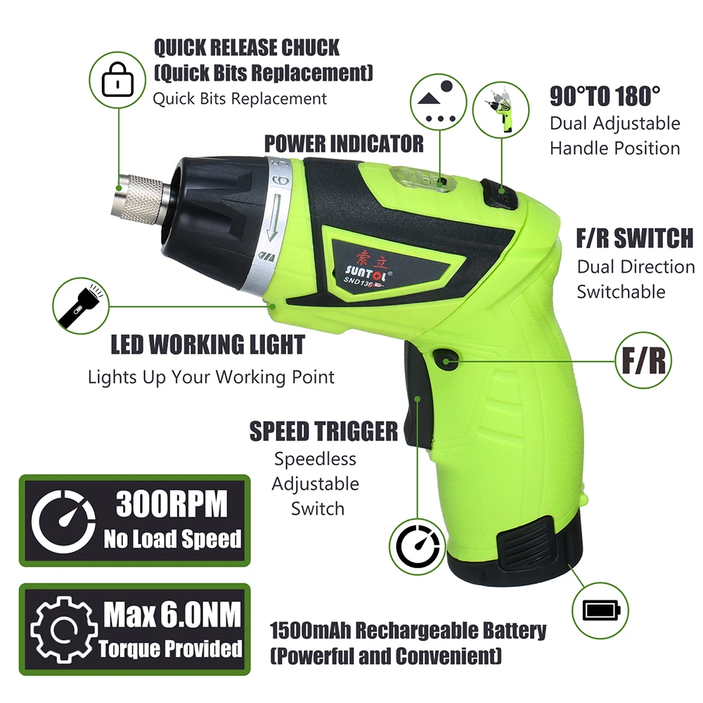 6.0N.m Cordless Electric Screwdriver Rechargeable 1500mAh Li-ion with 41 Accessories 7 Torque Setting 2 Position Handle
6.0N.m Cordless Electric Screwdriver Rechargeable 1500mAh Li-ion with 41 Accessories 7 Torque Setting 2 Position Handle