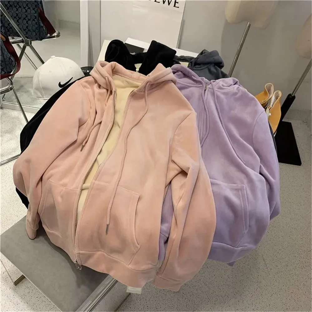 Winter Velvet Thick Hooded Sweatshirt Women Zip up Loose Long Sleeve Streetwear Tops Solid Korean Chic Harajuku Hoodies female
Winter Velvet Thick Hooded Sweatshirt Women Zip up Loose Long Sleeve Streetwear Tops Solid Korean Chic Harajuku Hoodies female