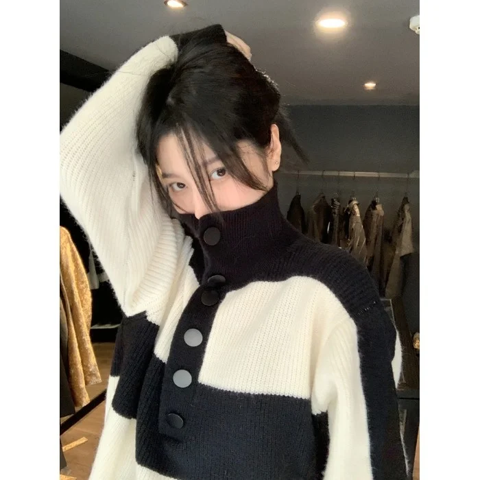 

Осень 2021 Новинка полосатый Контрастный ЦВЕТНОЙ пуловер с длинным рукавом Женский вязаный Топ в японском стиле для ленивых женщин fafa _ ootd