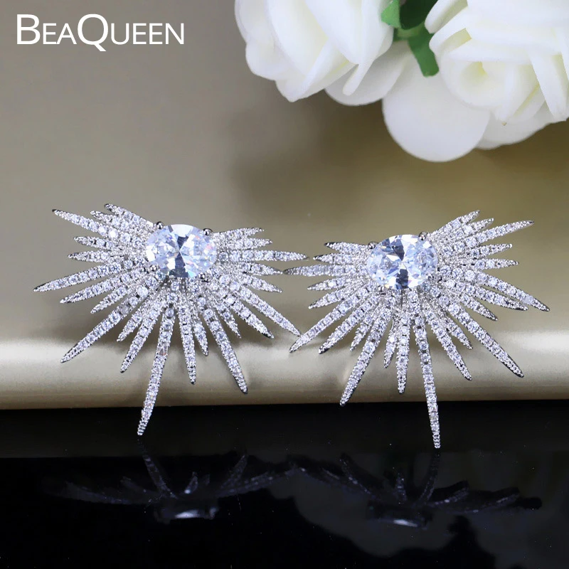 

BeaQueen Irregular Insect Design Big Oval Cubic Zirconia Micro Paved CZ Crystal Stud Earrings for Women Fashion Jewelry E100