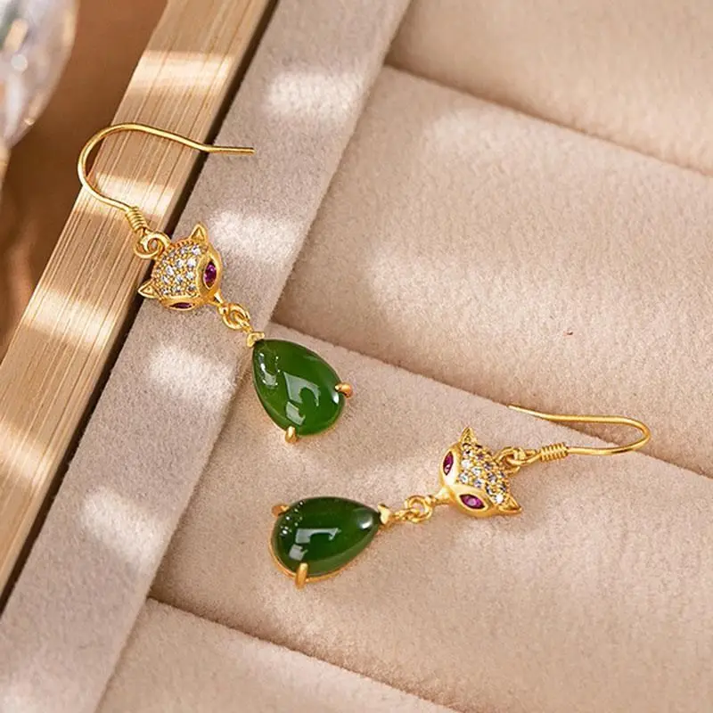 Fox Earrings Women's Sterling Silver Inlaid Hetian Jade Green Jade Earrings Wang Love Attracting Male Cute and Graceful Earrings
Fox Earrings Women's Sterling Silver Inlaid Hetian Jade Green Jade Earrings Wang Love Attracting Male Cute and Graceful Earrings