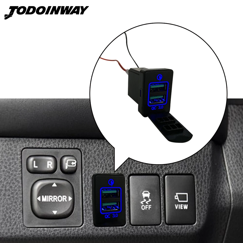 Быстрое зарядное устройство с синим светодиодным индикатором QC3.0 для Toyota Camry, Prado, Corolla, Rav4, Yaris, Highlander, Vios, Reiz, с двумя USB-портами, 12 В
Быстрое зарядное устройство с синим светодиодным индикатором QC3.0 для Toyota Camry, Prado, Corolla, Rav4, Yaris, Highlander, Vios, Reiz, с двумя USB-портами, 12 В