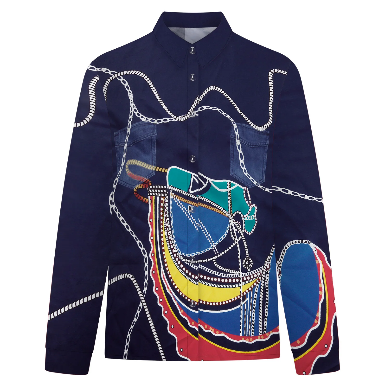 Women's Printed Pocket Long-sleeved Blouses Shirt Ladies Fashion Casual Tops Plus Size Loose Shirt Women Clothing Loose Tops