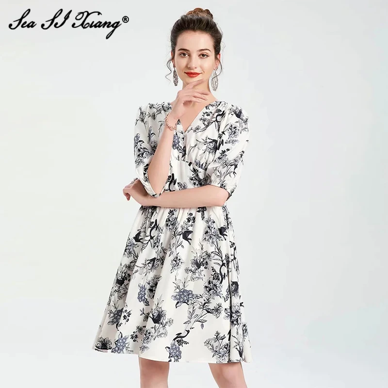 Seasixiang Fashion Designer Summer Dress Women V-Neck Puff Sleeve Ink And Wash Print Vintage Dresses
Seasixiang Fashion Designer Summer Dress Women V-Neck Puff Sleeve Ink And Wash Print Vintage Dresses