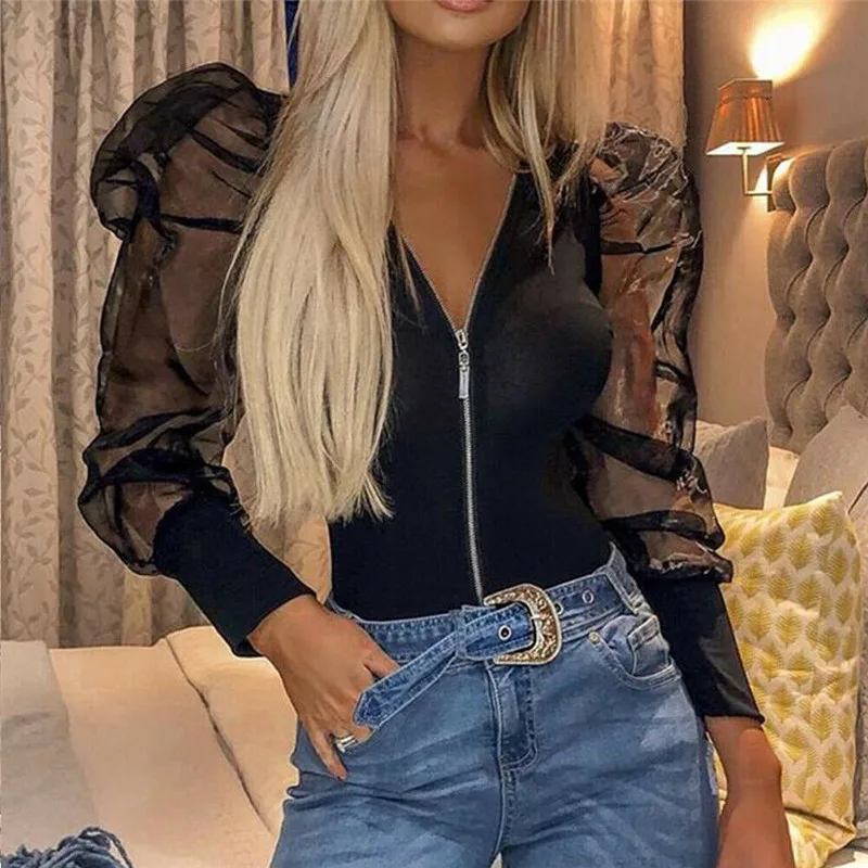 Women's Bodycon Zipper Jumpsuit New Sheer Long Puff Sleeves Bodysuit Female Slim Casual Triangle Rompers Autumn Leotard Playsuit
Women's Bodycon Zipper Jumpsuit New Sheer Long Puff Sleeves Bodysuit Female Slim Casual Triangle Rompers Autumn Leotard Playsuit