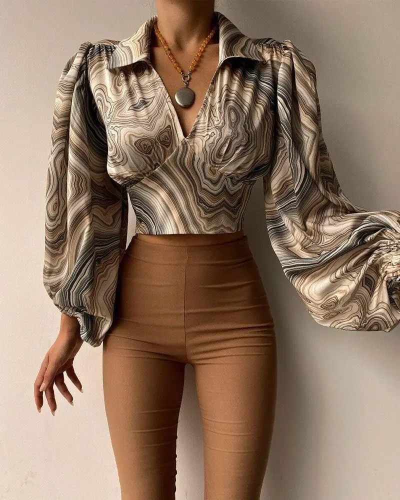 Women's Sexy V Neck Printed Short Tops Ladies Autumn Lantern Sleeve Pullover Chiffon Shirts
Women's Sexy V Neck Printed Short Tops Ladies Autumn Lantern Sleeve Pullover Chiffon Shirts