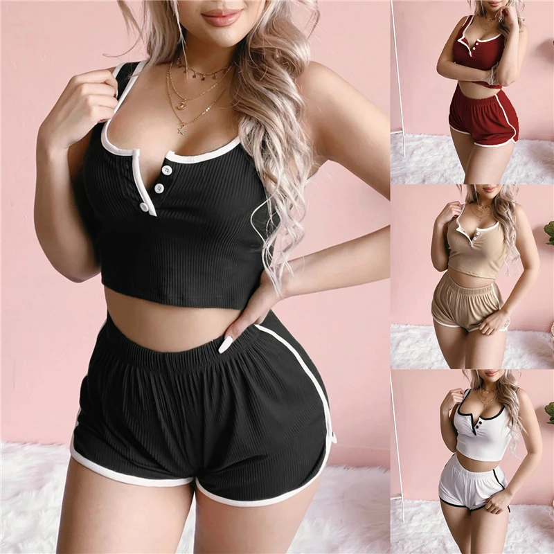 2 Piece Sets Tank Tops +Sports Shorts Summer Women Workout Cropped Sleeveless Camisole Tight High Waist Tracksuit Set |