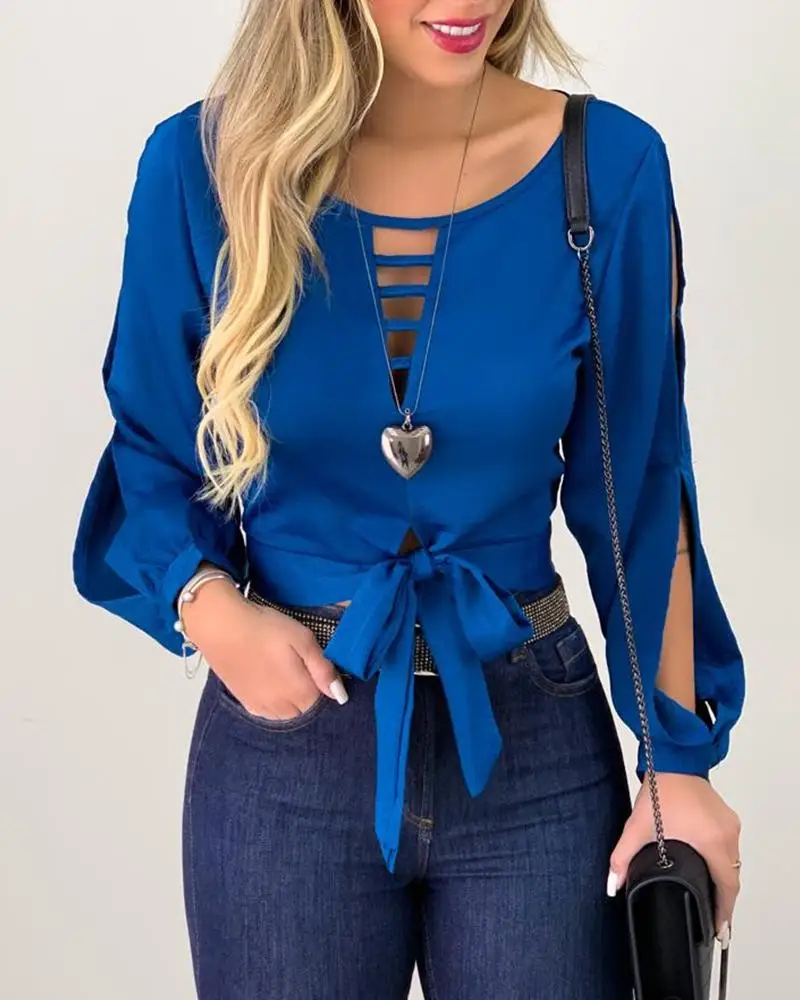 2021 Summer Fashion Elegant Dress Casual Hollow Long Sleeve Solid Bow Design Necktie Front Cut Top Women's Hollow Lace Up Top
2021 Summer Fashion Elegant Dress Casual Hollow Long Sleeve Solid Bow Design Necktie Front Cut Top Women's Hollow Lace Up Top