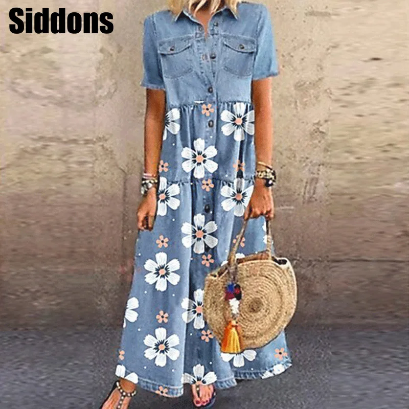 Retro Floral Print Denim Dresses Casual Short Sleeve Button Pockets Jeans Maxi Dress
Retro Floral Print Denim Dresses Casual Short Sleeve Button Pockets Jeans Maxi Dress