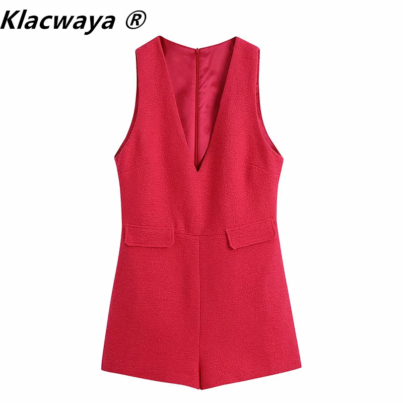 Klacwaya Za Women Summer V-Neck Texture Red Playsuits Chic Lady Elegant Back Zipper Sleeveless Pockets Short Jumpsuits
Klacwaya Za Women Summer V-Neck Texture Red Playsuits Chic Lady Elegant Back Zipper Sleeveless Pockets Short Jumpsuits