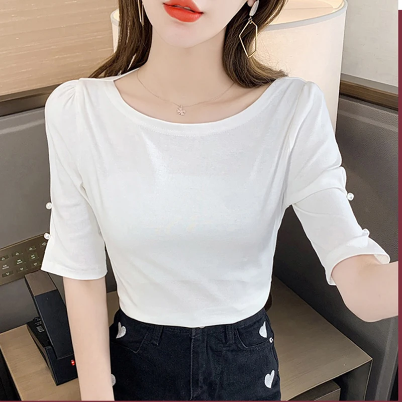 LJSXLS 2021 T Shirt Woman White Cotton T-shirts Beading Short Sleeve Top Mujer Summer Solid Slim Tee Shirt Femme Poleras Mujer
LJSXLS 2021 T Shirt Woman White Cotton T-shirts Beading Short Sleeve Top Mujer Summer Solid Slim Tee Shirt Femme Poleras Mujer
