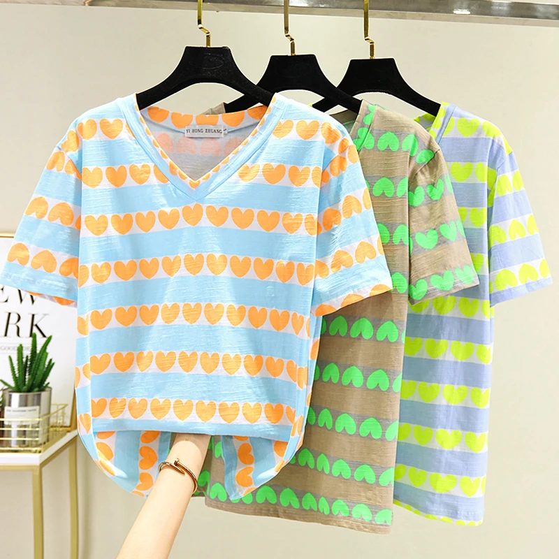 Summer New Fashion Korean Creativity Love stripes printing pattern short-sleeve T-shirt Female loose Casual of women V-neck tops 
Summer New Fashion Korean Creativity Love stripes printing pattern short-sleeve T-shirt Female loose Casual of women V-neck tops