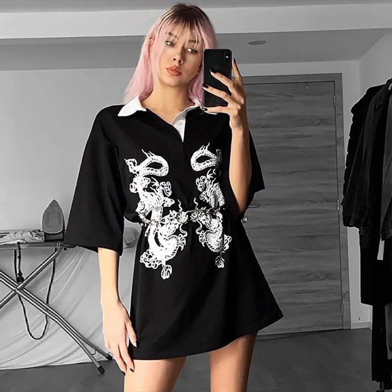 Summer Black Loose Long T-shirts Women Gothic Streetwear Punk Dragon Print Short Sleeve Female T-shirts Ladies Top Tee
Summer Black Loose Long T-shirts Women Gothic Streetwear Punk Dragon Print Short Sleeve Female T-shirts Ladies Top Tee
