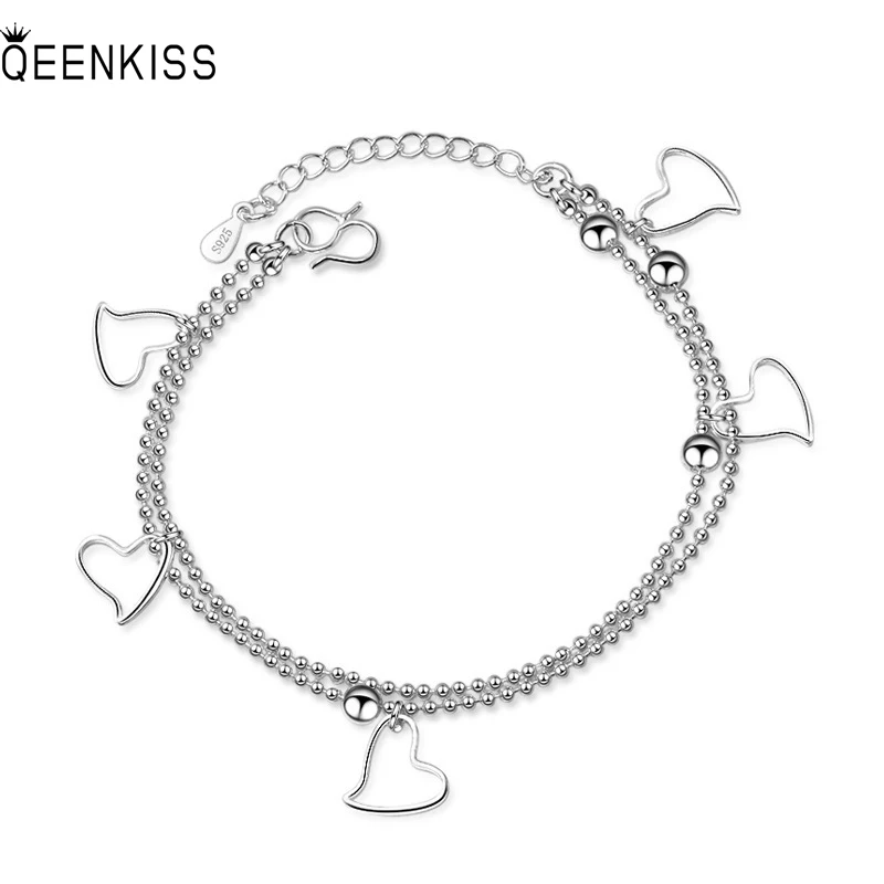 

QUEENKISS BT6143 Fine Jewelry Wholesale Fashion Couples Birthday Wedding Gift Round Heart 925 Sterling Silver Pendant Bracelet