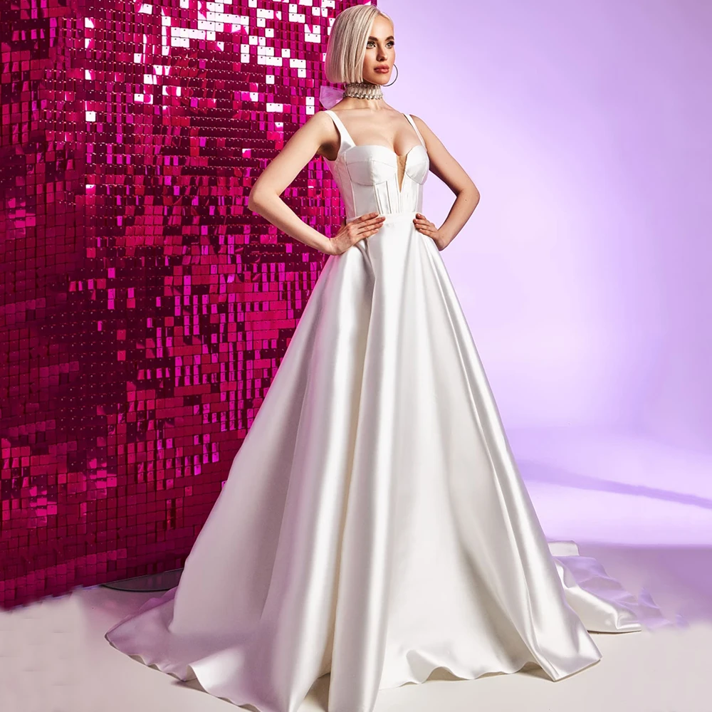 Luxury A-line Wedding Dress Custom Made Backless Sleeveless Sweep Train White Elegant Satin Vestido De Noiva Sereia 2021
Luxury A-line Wedding Dress Custom Made Backless Sleeveless Sweep Train White Elegant Satin Vestido De Noiva Sereia 2021
