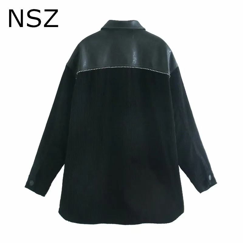 NSZ women black pu faux leather patchwork corduroy beaded oversized jacket fall fashion big loose coat long sleeve outerwear | Женская
