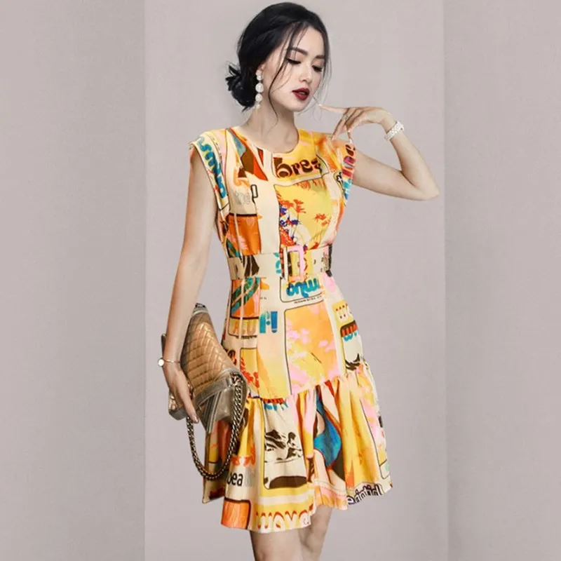 

New 2022 Summer Bohemia Print Dresses Designer Office Lady Evening Party Fashion Elegant OL Simple Series Ruffles Mini Dress