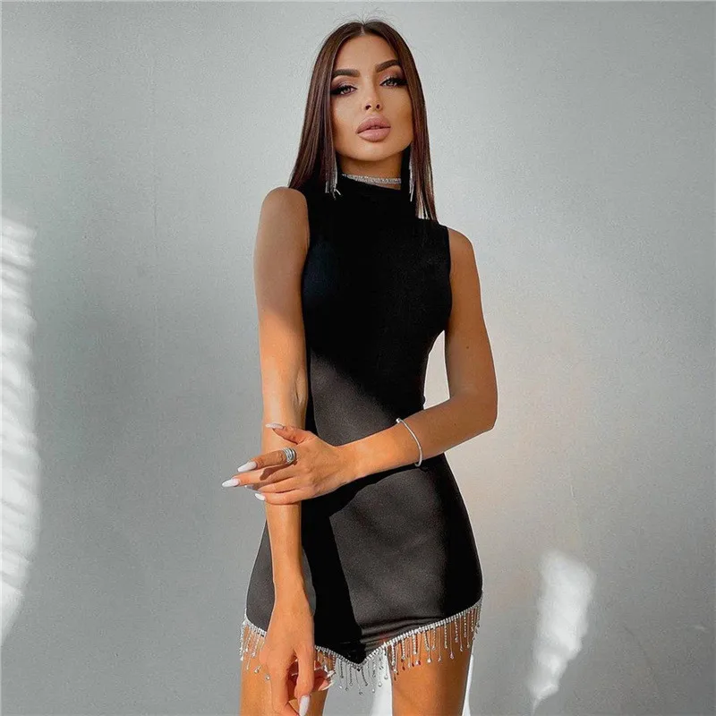 2022 Fashion Sexy Tassel Diamond Dress Women Solid Turtleneck Sleeveless Wrap Hip Dresses Female Club Slim Skinny Dress Robes
2022 Fashion Sexy Tassel Diamond Dress Women Solid Turtleneck Sleeveless Wrap Hip Dresses Female Club Slim Skinny Dress Robes