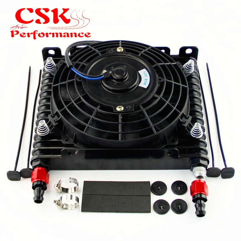 

10-AN 32mm Aluminum 15 Row Engine/Transmission Racing Oil Cooler+7" Electric Fan Kit w/ Fittings Black