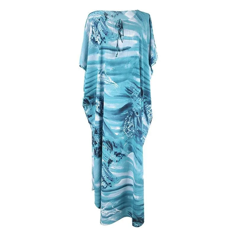 Blue Printed Blouse Beach Bathing Suit Cover Up Polyester on Vacation Dress Robe Bat Sleeve Maxi Dress Sexy Bikini Shirt Summer 
Blue Printed Blouse Beach Bathing Suit Cover Up Polyester on Vacation Dress Robe Bat Sleeve Maxi Dress Sexy Bikini Shirt Summer