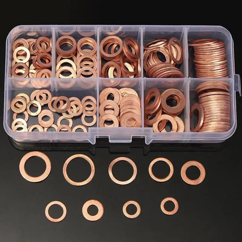 200Pcs Copper Washer Gasket Nut Bolt Set Flat Ring Seal Assortment Kit With Box for Sump Plugs Water
200Pcs Copper Washer Gasket Nut Bolt Set Flat Ring Seal Assortment Kit With Box for Sump Plugs Water