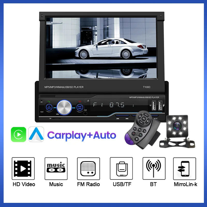 T100C 1ddin 7-дюймовый CarPlay сенсорный экран MP5 плеер автомобильная стереосистема для