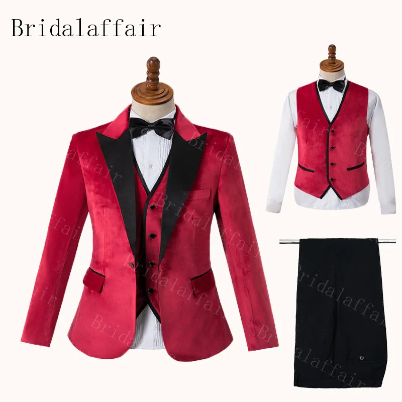 Блестящий Черный Красный Бархатный смокинг с лацканами Bridalaffair для мужчин костюм