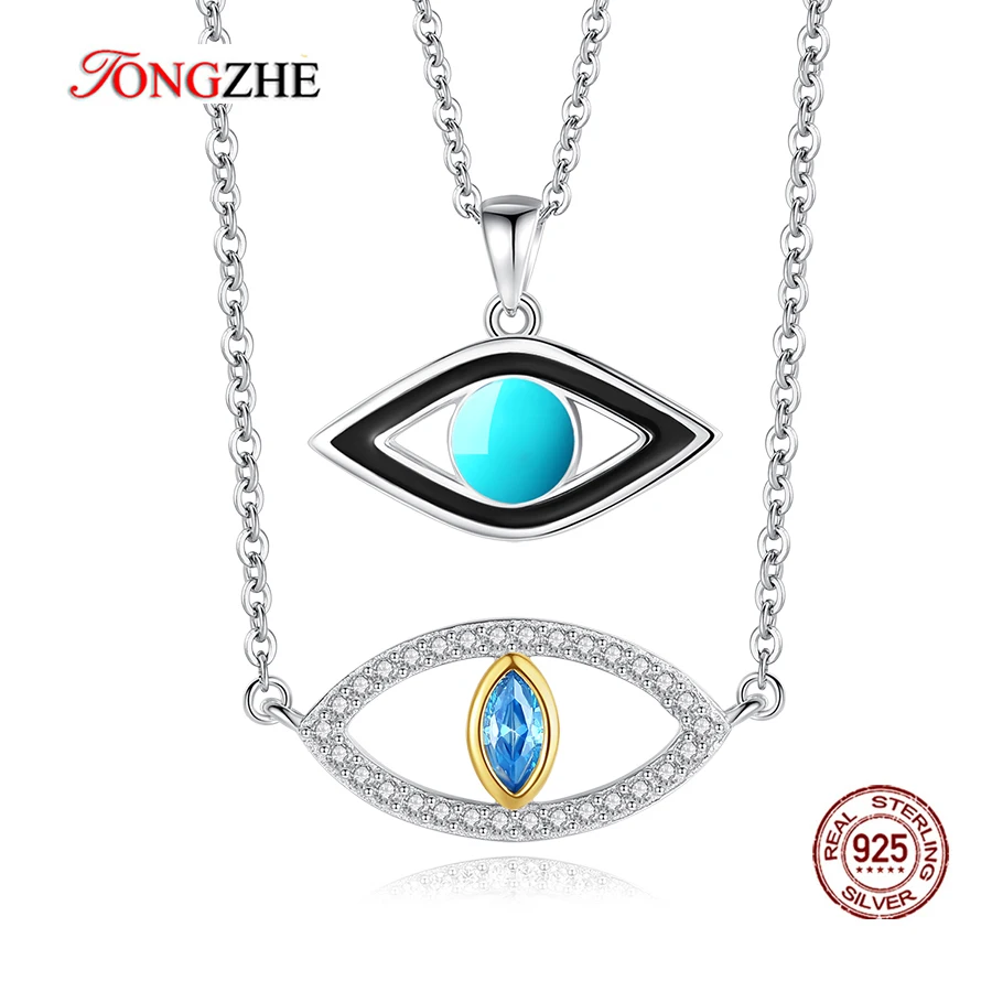 

TONGZHE 925 Sterling Silver Evil Eye Necklace Turkish Round Pendant Woman Micro Pave CZ Zircon Necklace Best Gift For Female