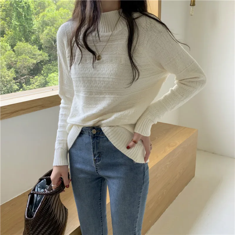 Knitted Sweater Women Casual Spring Pullover Vintage Half-high Collar Long Sleeve Printed Chic Slim Woman Jumper 2021 Sweaters 
Knitted Sweater Women Casual Spring Pullover Vintage Half-high Collar Long Sleeve Printed Chic Slim Woman Jumper 2021 Sweaters