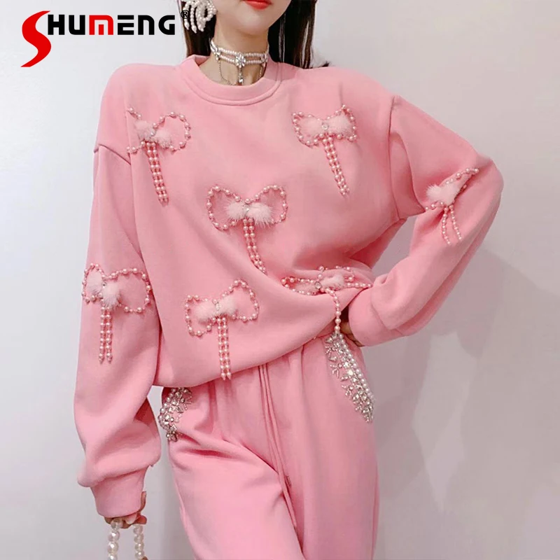 Women 2021 Winter New Korean Style Sweet O-neck Sweatshirt Ladies Fashion Simple Beads Bow Hoodie Thickened Loose Slimming Top
Women 2021 Winter New Korean Style Sweet O-neck Sweatshirt Ladies Fashion Simple Beads Bow Hoodie Thickened Loose Slimming Top