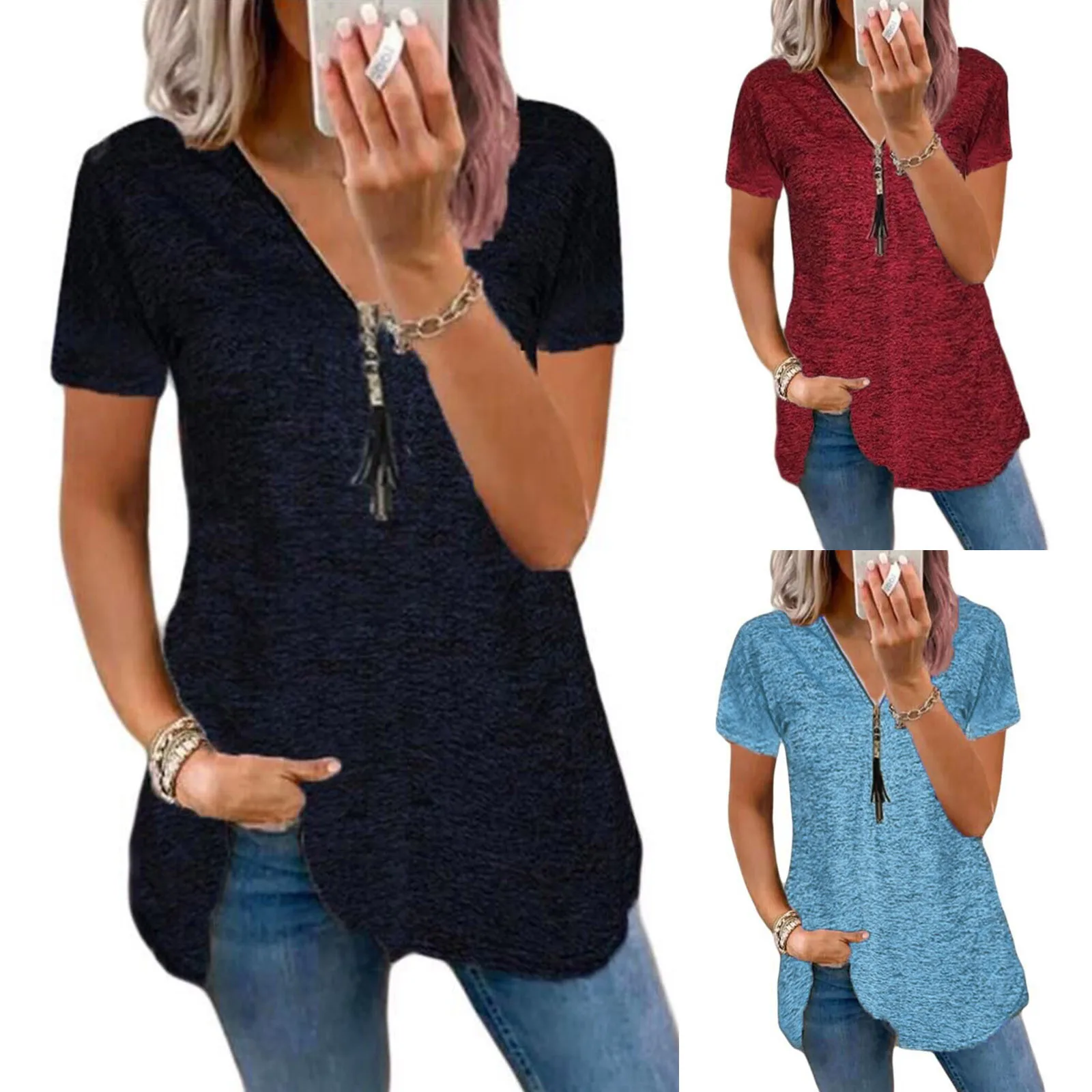 Women's Blouses Zipper V-neck Short Sleeve Solid Color Casual Black Blouse Plus Size Plus Size Streetwear Camisas De Mujer 2022
Women's Blouses Zipper V-neck Short Sleeve Solid Color Casual Black Blouse Plus Size Plus Size Streetwear Camisas De Mujer 2022