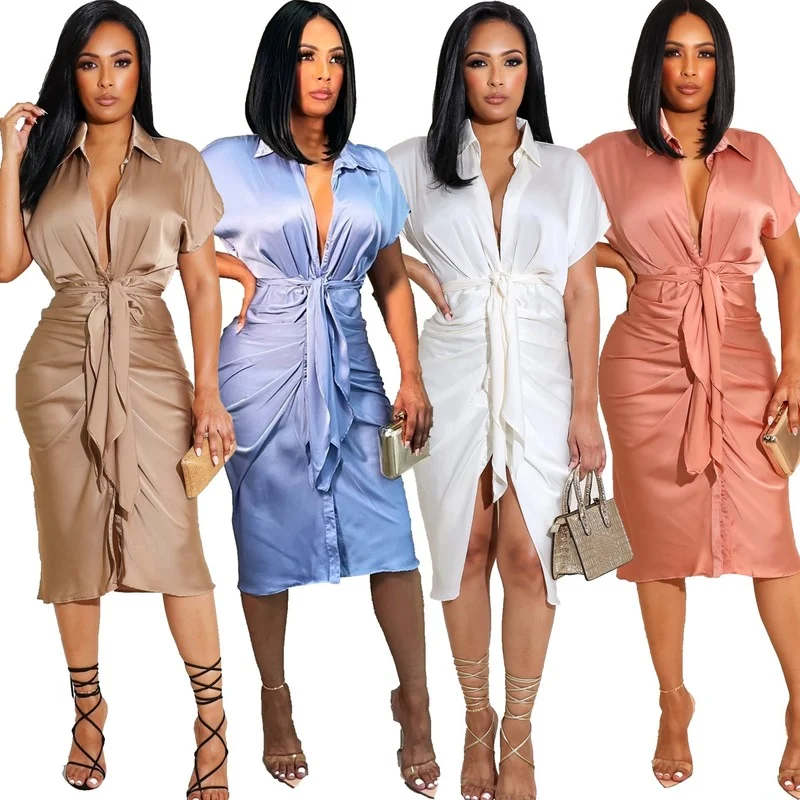 Платье женское атласное с коротким рукавом и отложным воротником, с поясом
Платье женское атласное с коротким рукавом и отложным воротником, с поясом